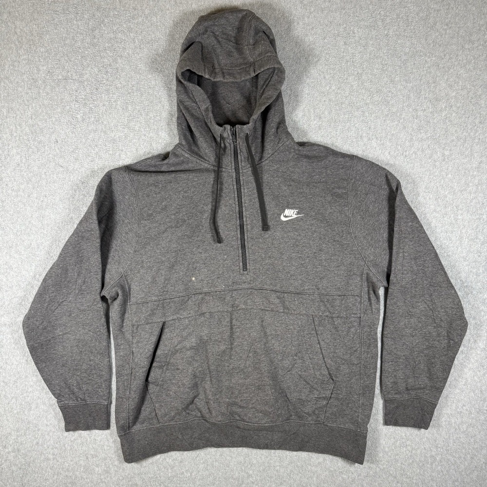 Nike Pullover Hoodie Gray 1/4 Zip Men's L Fleece Kangaroo Pocket Swoosh Logo